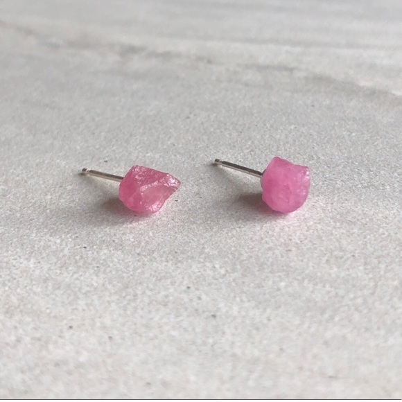 Raw Fuchsia Tourmaline Crystal Stud Earrings - Picture 3 of 10